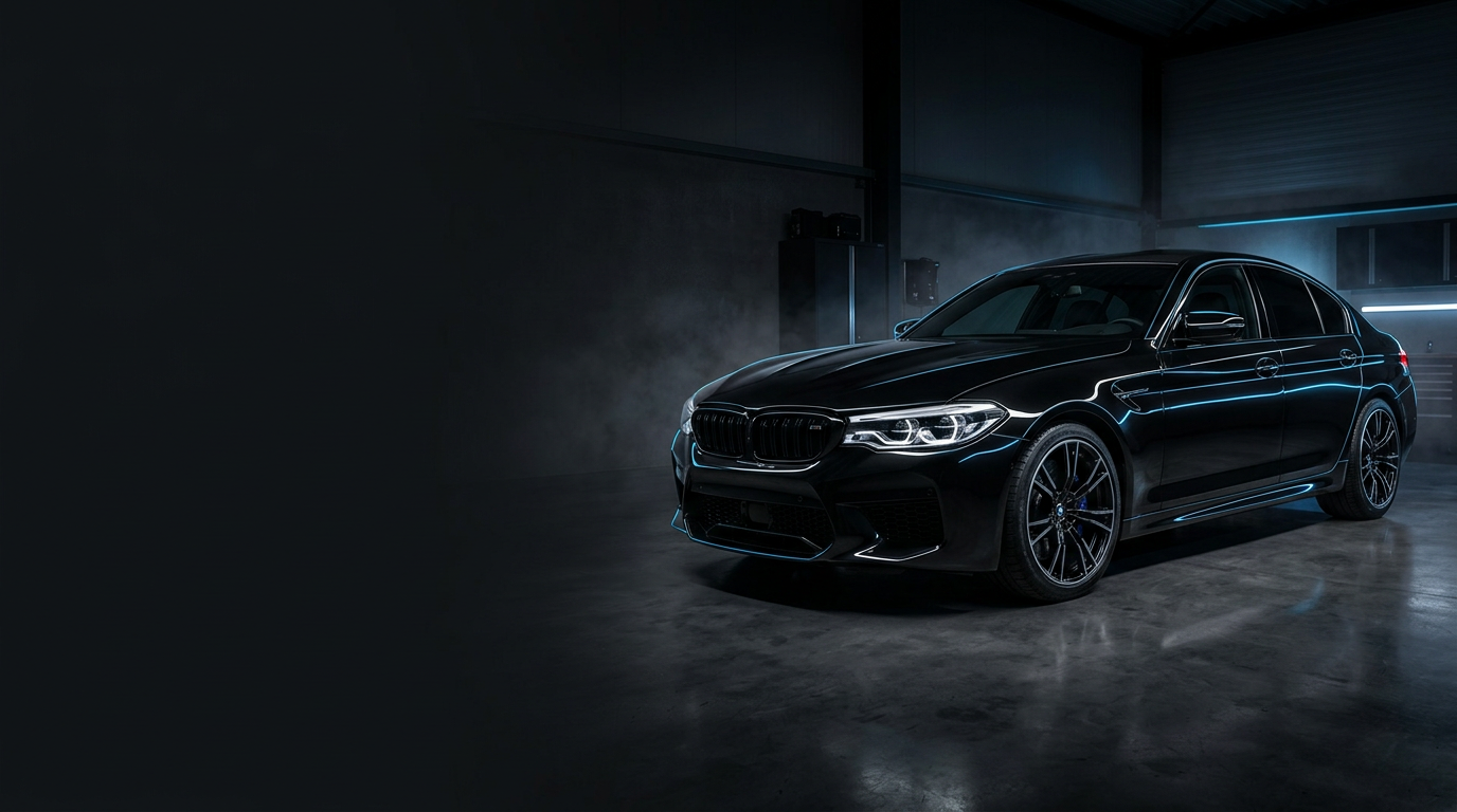 Glossy black luxury vehicle in a professional detailing studio